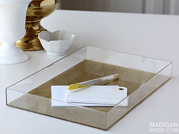 DIY acrylic tray with gold glitter bottom (made from an old box frame!)