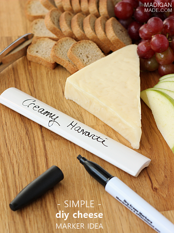 Easy DIY cheese marker idea - use pieces of tile and dry erase markers