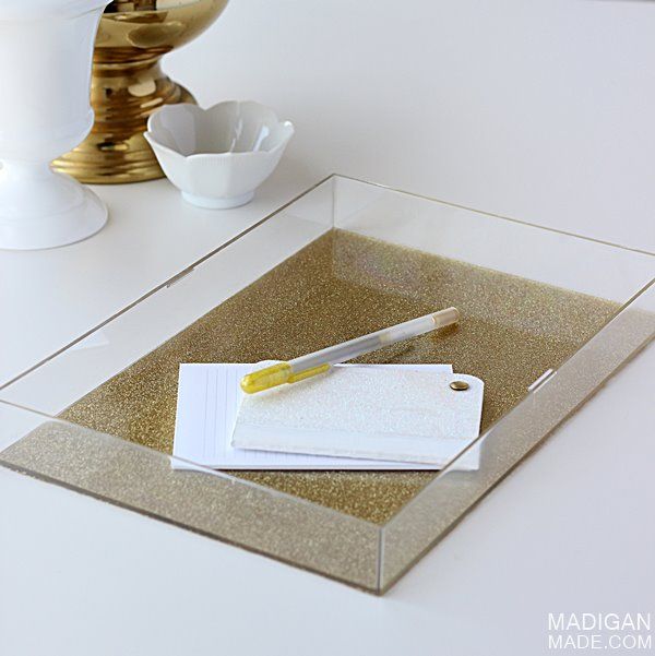 DIY Lucite tray with gold glitter (made from an old box frame!) 