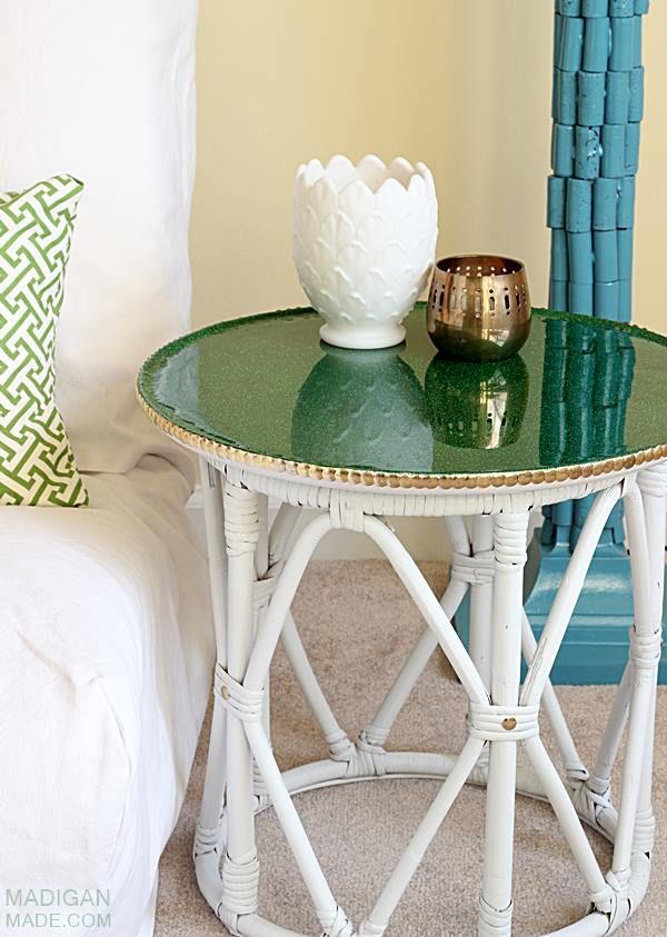 DIY thrift store side table idea with glitter and brass accents