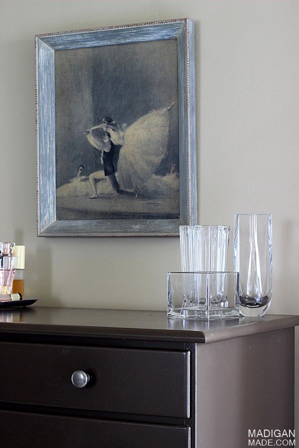 Simple and elegant master bedroom tour: love this ballerina art found at a flea market