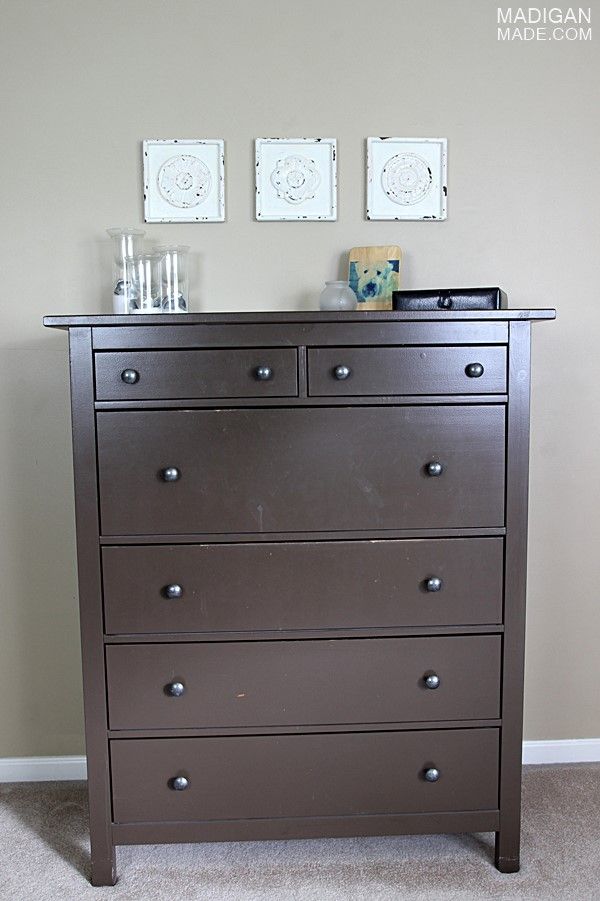 Simple & elegant master bedroom decor: brown painted IKEA dresser