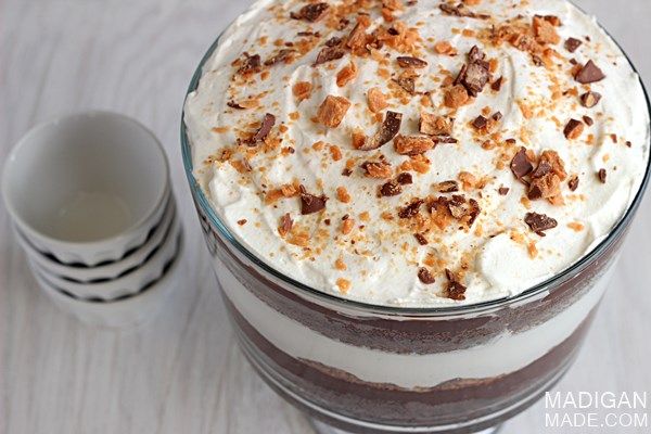 Candy bar and chocolate layered trifle dessert with Butterfinger candy