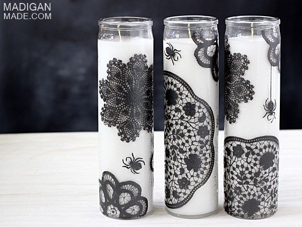 Doily and spider painted glass candles for Halloween
