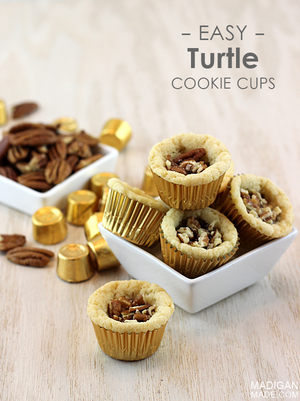 Easy turtle cookie recipe with sugar cookie dough, pecans and Rolos candies.