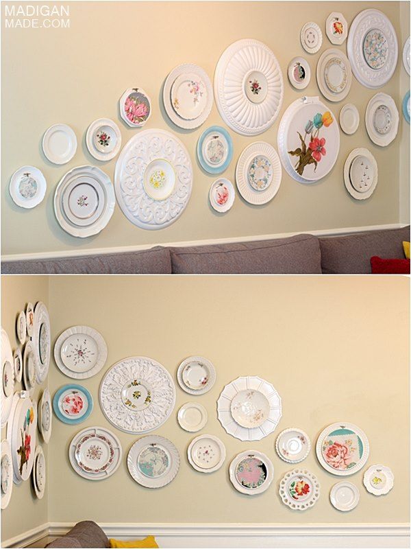 DIY gallery wall with embroidery hoops, vintage plates and ceiling medallions