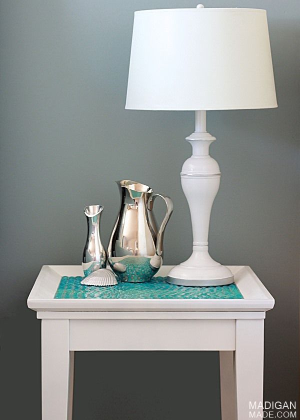 Simple master bedroom décor ideas - love this DIY glass gem tiled table!
