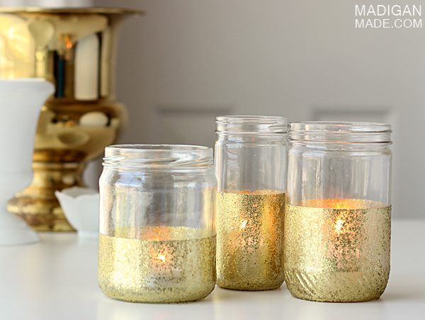 Gold glitter painted jar candles - step-by-step instructions. 