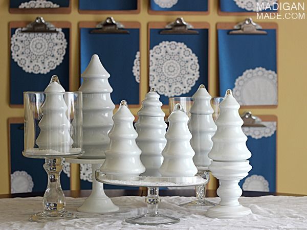 White DIY milk glass Christmas trees - gorgeous centerpiece idea!