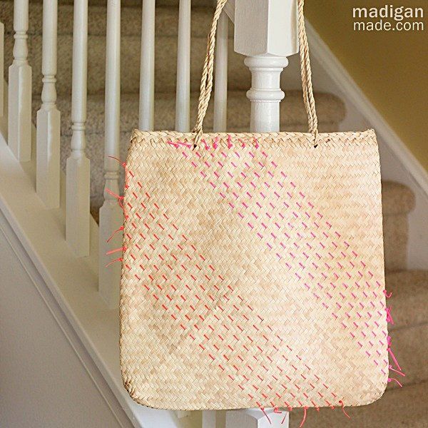 DIY straw tote update with neon lacing