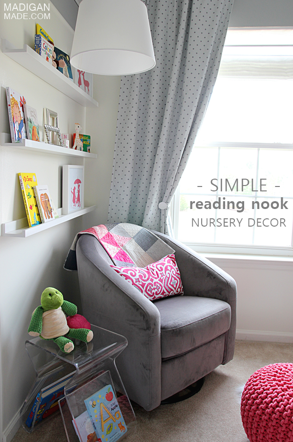 simple nursery reading nook idea with book ledges on the wall