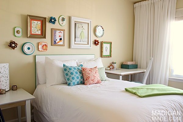bright and colorful guest room decor with a simple DIY headboard