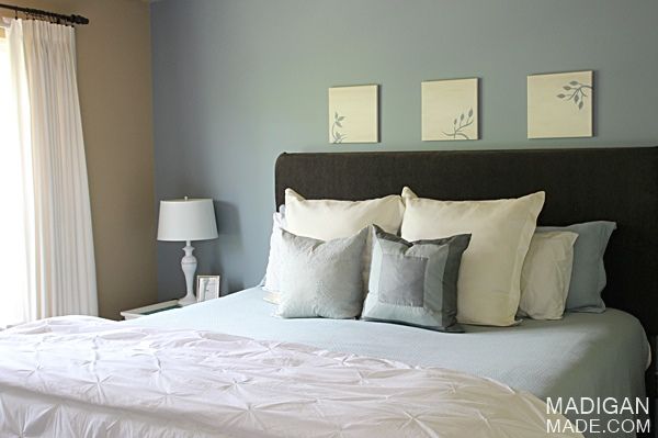 Simple master bedroom décor ideas - love the blue, brown and white