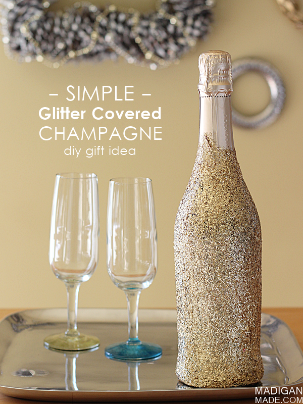 Simple glitter covered champagne bottle - what a fun and easy way to "wrap" a bottle for a hostess gift. 