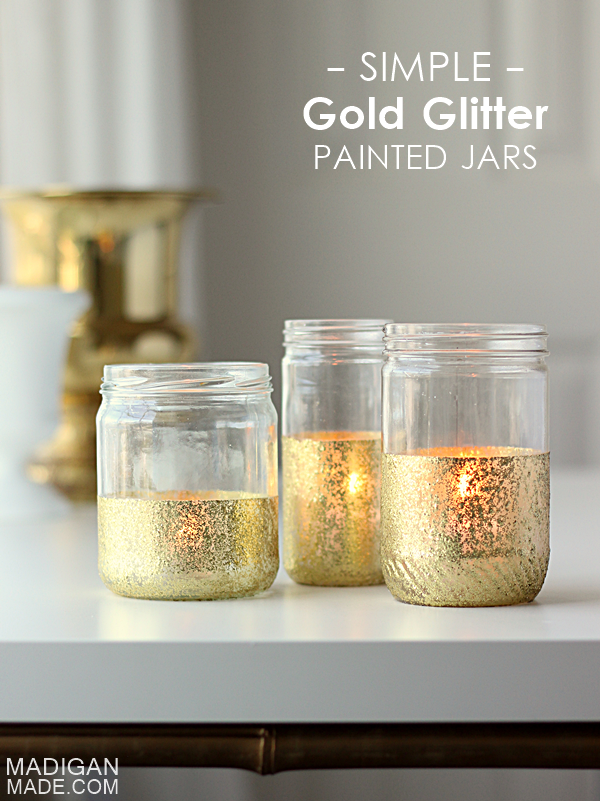 Simple gold glitter dipped jars - easy DIY with painter's tape and glass paint 