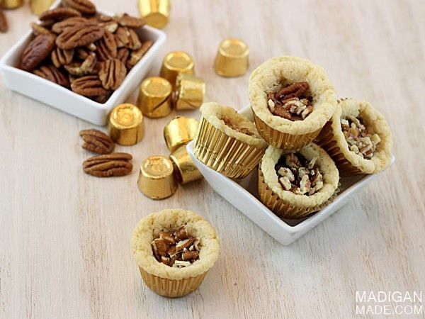 Simple turtle cookie cup recipe with sugar cookie dough, pecans and Rolos candies