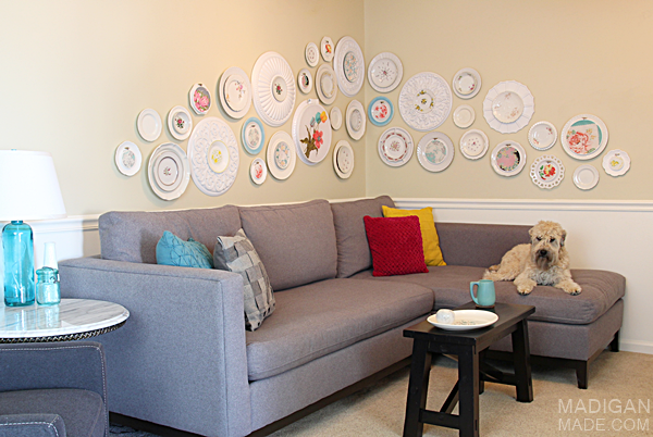 Simple and lovely DIY gallery wall art using vintage plates, fabric and ceiling medallions. Love this!