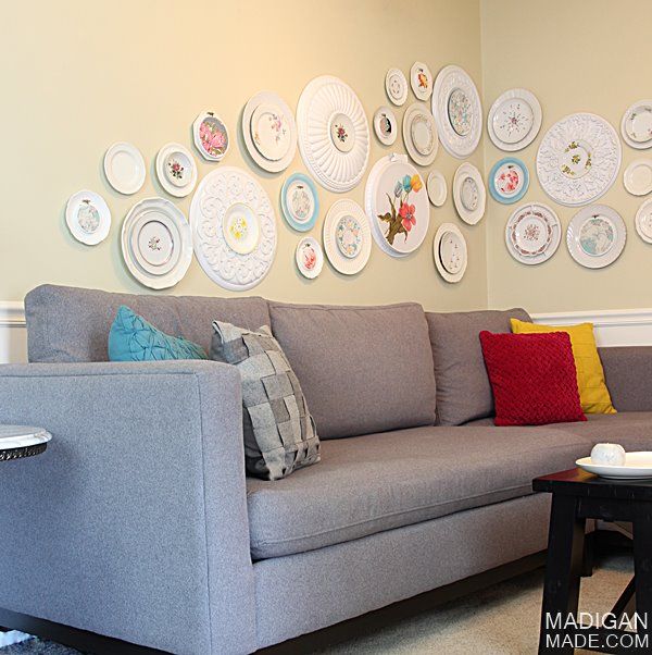 Simple and pretty wall art from vintage plates, hoops, fabric and ceiling medallions