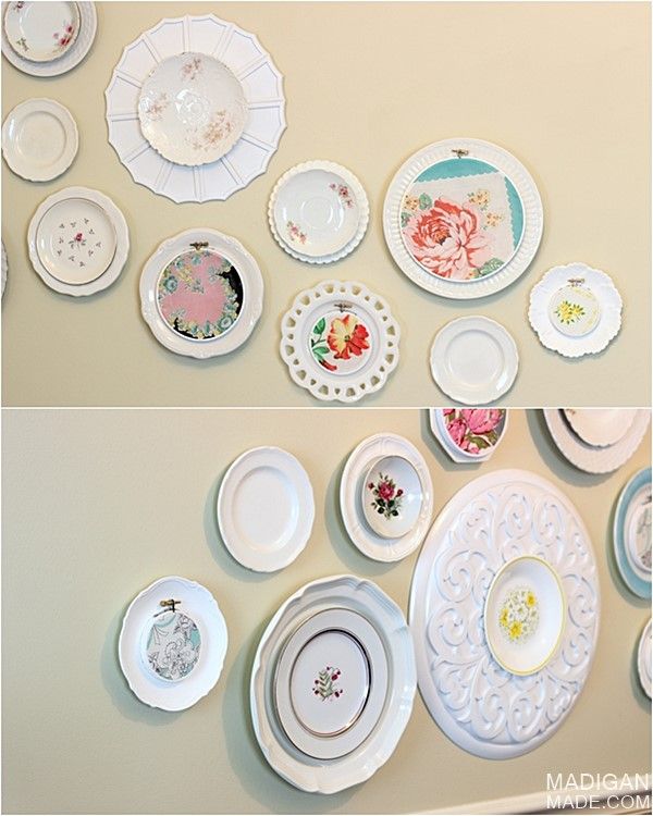 DIY art made from vintage plates, fabric and ceiling medallions