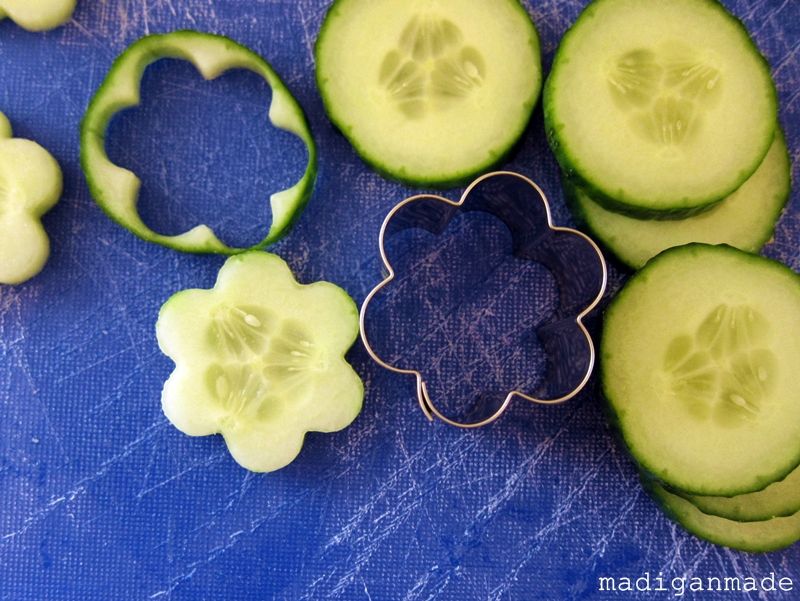 Cute idea for cucumber appetizers! Recipe for cucumber flowers at madiganmade.com