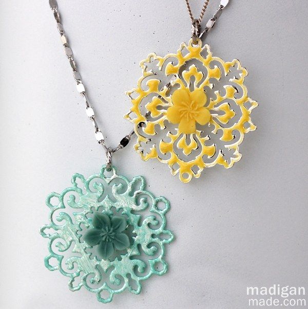 Easy DIY necklace pendants with yellow and teal paints