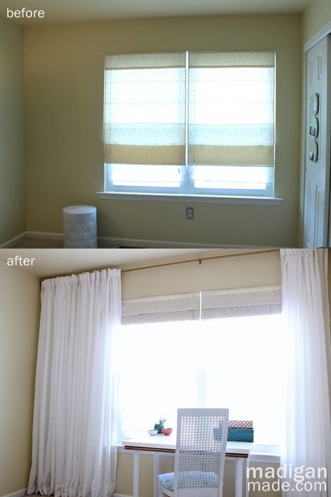 Tip: hang the curtains across the whole wall to make the window feel larger - madiganmade.com