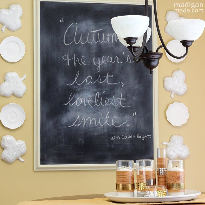 chalkboard quote, leaf plates and faux bois centerpiece - madiganmade.com