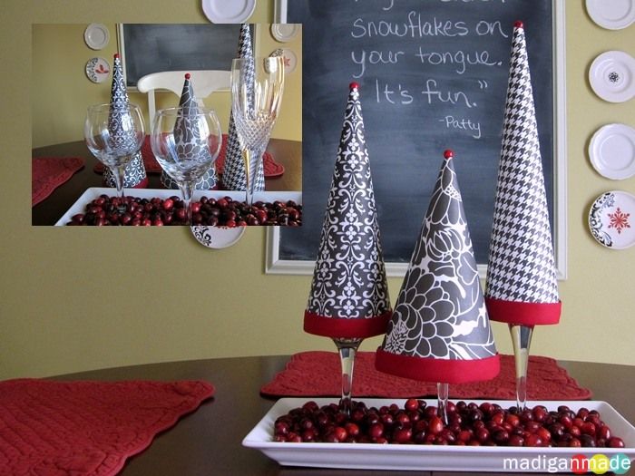 wine glasses as base for paper topiary trees