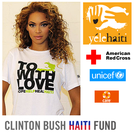 Photo of Beyonce wearing a tee in support of Haiti