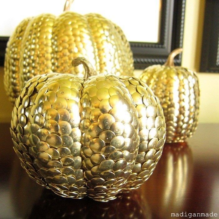 Beautiful! Tutorial for gilded pumpkins with brass tacks at madiganmade.com